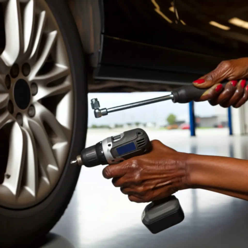 Praca narzędziem elektrycznym przy samochodzie