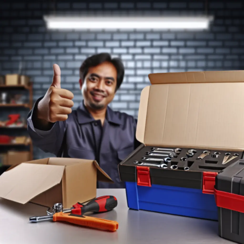 Kierowca sprawdzający narzędzia na tle samochodu